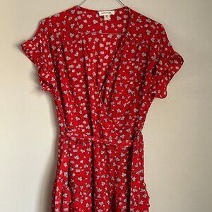 Monteau L.A. S/S Floral Print Red Dress SZ L Belted Excellent Condition